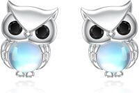 wholesale 925 Sterling Silver Owl Stud Earrings with Blue Moonstone and Black Cubic Zirconia Eyes-Owl