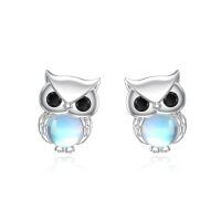 wholesale 925 Sterling Silver Owl Stud Earrings with Blue Moonstone and Black Cubic Zirconia Eyes-Owl