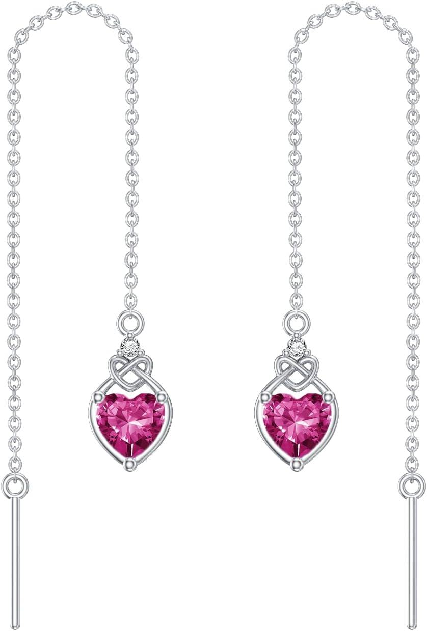 Sterling Silver Celtic Knot Heart Threader Earrings w 12 Birthstones-7-July-Ruby Red