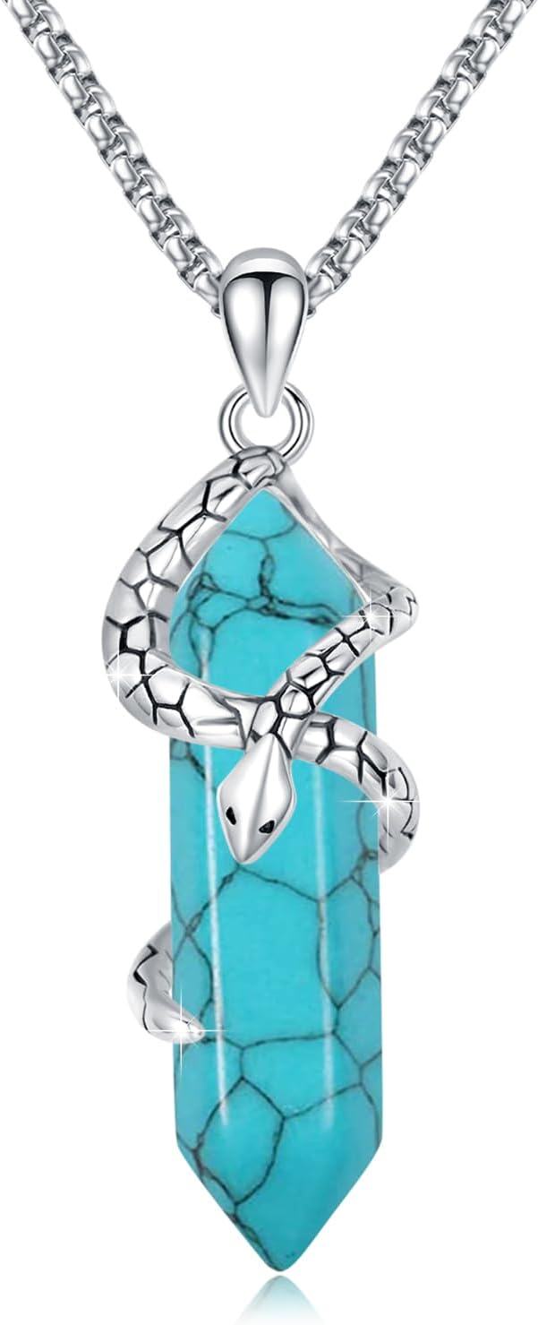  Sterling Silver Pink Hexagonal Quartz Snake Crystal Necklace -Blue Quartz