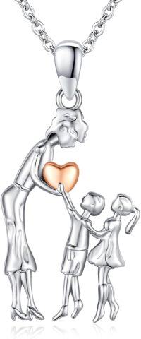 wholesale 925 Sterling Silver Mother and Child Heart Pendant Necklace-B