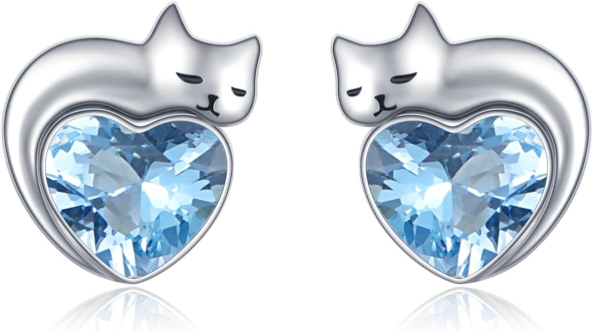wholesale 925 Sterling Silver Birthstone Cat Stud Earrings Heart Jewelry for Women-0-0
