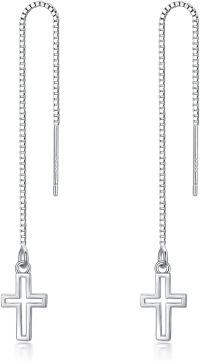 wholesale 925 Sterling Silver Cross Drop Threader Earrings with Tassel Chains for Women and Teenagers - Hypoallergenic Jewelry-Cross