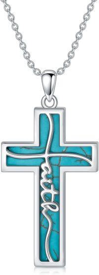 wholesale 925 Sterling Silver Turquoise Inlay Faith Cross Pendant Necklace for Women-A1-Natural Turquoise-White Gold Color