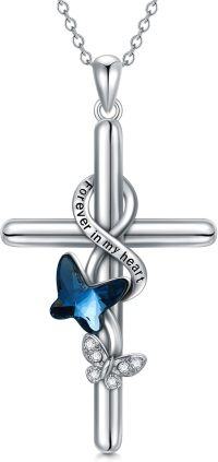 wholesale 925 Sterling Silver Blue Crystal Butterfly Cross Pendant Necklaces for Women Christian Gifts Faith Jewelry-Butterly-Blue