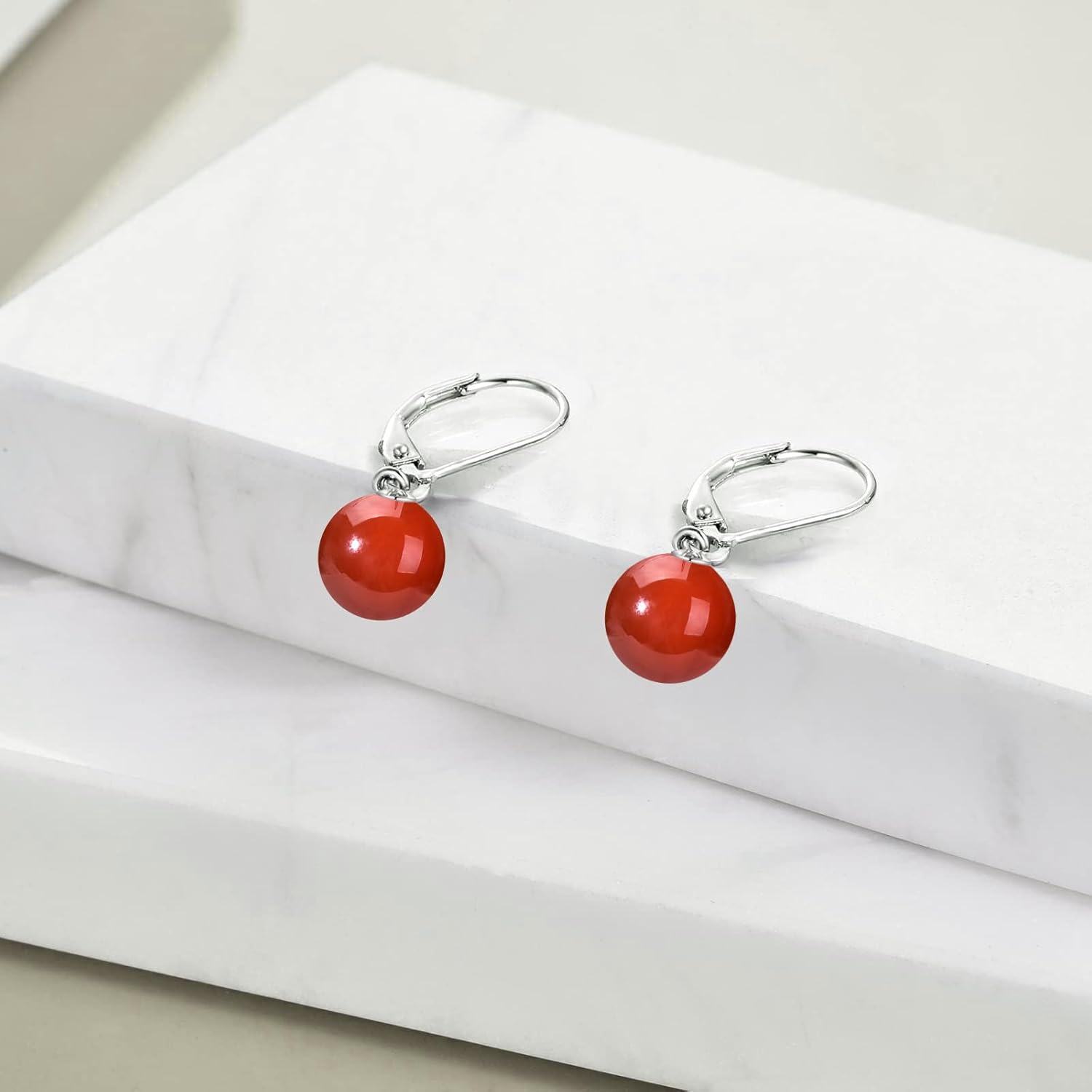 925 Sterling Silver Carnelian Round Ball Leverback Dangle Drop Earrings for Women-0-2