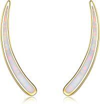 wholesale 925 Sterling Silver White Opal Curved Ear Climber Non-Hypoallergenic Crawler Earrings for Women Girls Gifts Jewelry 4cm Long-1-Gold-Created white opal ear climber