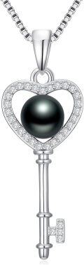 wholesale Tahitian Love Heart Key Black Pearl Necklace For Women Sterling Silver Black Pearls Necklace Gifts For Sister Birthday Anniversary Jewelry Valentine Christmas Gifts For Women Wife Her -0-1