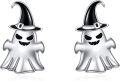 wholesale 925 Sterling Silver Witch Hat Ghost Skull Stud Earrings for Women Girls Hallowmas Gift Hypoallergenic Jewelry 4PCs Set-0-0