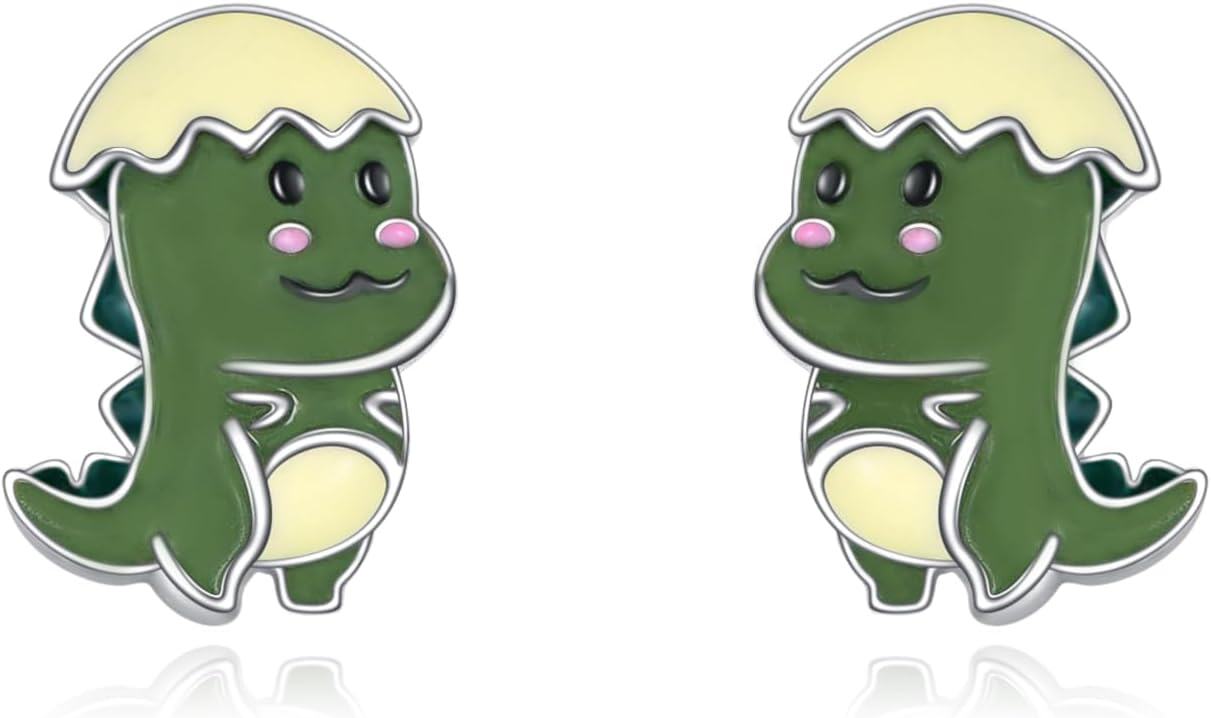 925 Sterling Silver Green Dinosaur Stud Earrings-0-0