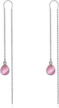 wholesale 925 Sterling Silver Pink Teardrop Chain Drop Earrings for Women-Pink thread earrings
