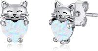 wholesale 925 Sterling Silver Heart-Shaped Opal Cat Stud Earrings - Adorable Kitty  for Her-White Opal