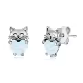 wholesale 925 Sterling Silver Heart-Shaped Opal Cat Stud Earrings - Adorable Kitty  for Her-0-0