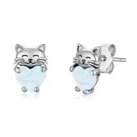 wholesale 925 Sterling Silver Heart-Shaped Opal Cat Stud Earrings - Adorable Kitty  for Her-White Opal