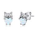 wholesale 925 Sterling Silver Smiling Cat Hugging Heart Opal Stud Earrings White Gold Plated-0-0