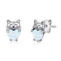 wholesale 925 Sterling Silver Smiling Cat Hugging Heart Opal Stud Earrings White Gold Plated-White Opal