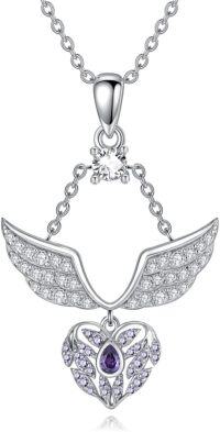 wholesale 925 Sterling Silver Purple Crystal Heart & Wing Flower Pendant Necklace for Women-style2