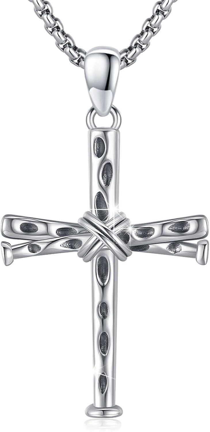 Sterling Silver Stainless Steel Men s Baseball Nail Cross Pendant Necklace 24 -0-0