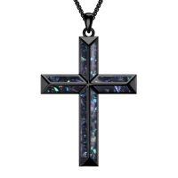 wholesale 925 Sterling Silver Mens Black Agate Cross Necklace with Brown Stone Pendants-1-Abalone Shell