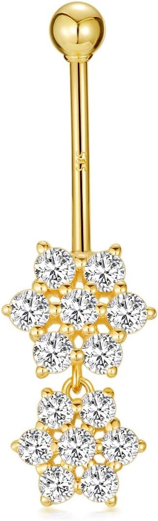 14K Gold Sun Flower Dangle Belly Button Rings 14G Body Jewelry-Double Flower