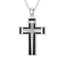 wholesale 925 Sterling Silver Cross Pendant With Nail Details On Chain Necklace-1-7-Black Onyx