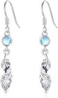wholesale 925 Sterling Silver Moonstone & Turquoise Feather Drop Earrings-0-0