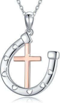 wholesale 925 Sterling Silver Rose Gold Plated Faith Cross & Heart Horseshoe Pendant Necklace for Women-Silver