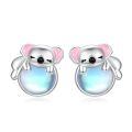 wholesale 925 Sterling Silver Cute Koala Pink Enamel Blue Opalite Platinum Plated Stud Earrings-0-0