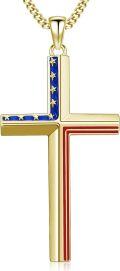 wholesale 925 Sterling Silver Plated Gold  American Flag Cross Pendant with 3MM Cuban Link Chain - USA Jewelry for Men Women (24+2 Extender)-0-0