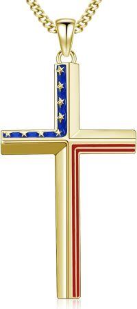 wholesale 925 Sterling Silver Plated Gold  American Flag Cross Pendant with 3MM Cuban Link Chain - USA Jewelry for Men Women (24+2 Extender)-A-Flag Cross-Gold