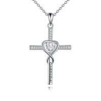 wholesale 925 Sterling Silver Heart and Cross Pendant Necklace with Cubic Zirconia - Godmother Gifts for Mother's Day-Godmother necklace