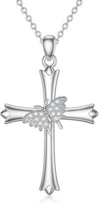 wholesale 925 Sterling Silver Butterfly Cubic Zirconia Cross Pendant Necklace for Women Religious -01-Cross butterfly