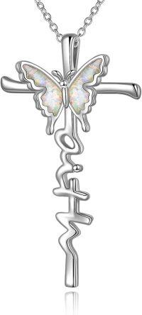 wholesale 925 Sterling Silver Butterfly Opal Cross Pendant Necklace for Women Gifts for Mom Wife-Butterfly necklace