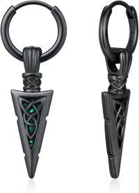 wholesale 925 Sterling Silver Arrowhead Celtic Knot Viking Hoop Earrings with Green Stone for Men & Women-Black-Abalone