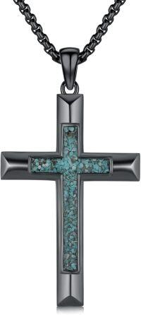 wholesale 925 Sterling Silver Black Plated Turquoise Inlay Cross Pendant Necklace for Men Religious s-H01 - Black Cross with Turquoise Gravel