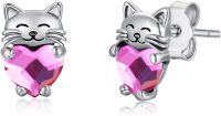wholesale 925 Sterling Silver Pink Heart Cat Stud Earrings - Adorable Kitty  for Girls & Women-Rose Red