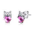 wholesale 925 Sterling Silver Cute Cat Hugging Pink Heart Crystal Stud Earrings-0-0