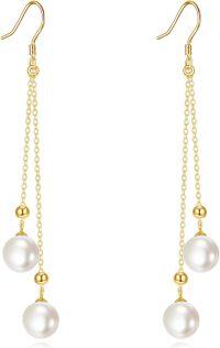 wholesale Gold Solid 14K Freshwater Pearl Threader Tassel Dangle Earrings-white