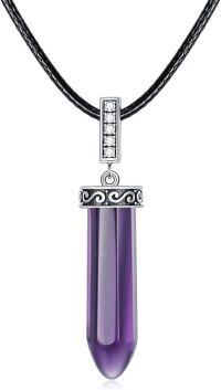 wholesale Sterling Silver Crystal Pendant Necklace Black Leather Choker (14+2 in)-Amethyst