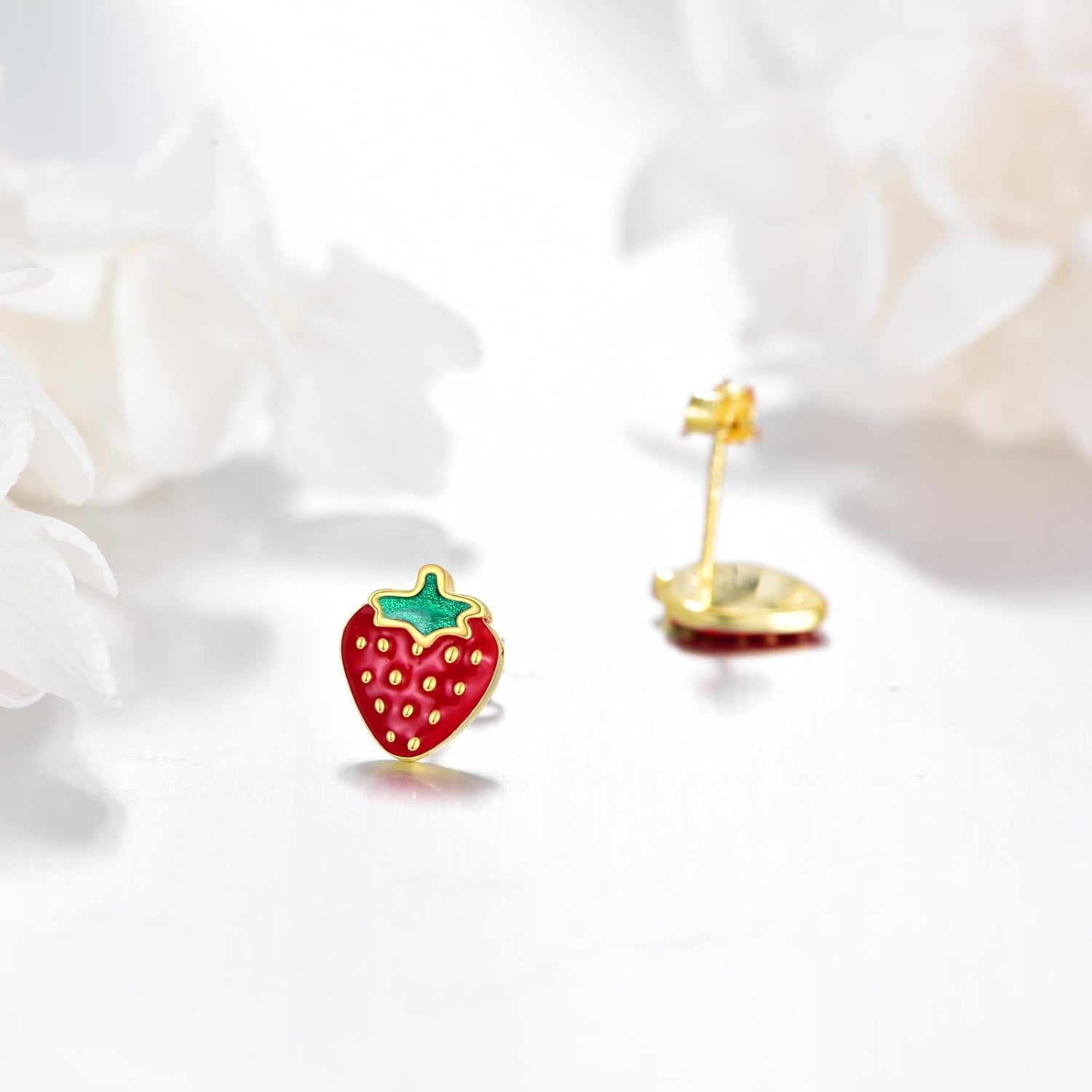 Sterling Silver Stone Strawberry Pineapple Stud Earrings Cute Fruit Jewelry Gift-0-4
