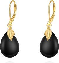 wholesale Gold-Plated 925 Sterling Silver Black Onyx Feather Drop Earrings-Leaf
