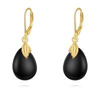 wholesale 925 Sterling Silver Black Teardrop Earrings With Gold Leaf Details-Leaf