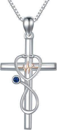 wholesale 925 Sterling Silver Birthstone Stethoscope Cross Necklace for Nurse Doctor RN-09-September-Sapphire