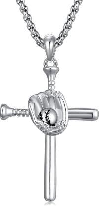 wholesale 925 Sterling Silver Cross with Baseball Glove and Bat Charm Pendant Necklace for Men-A01-Silver