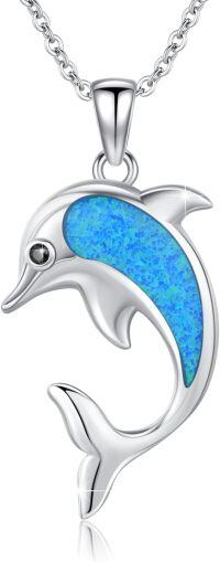 wholesale 925 Sterling Silver Blue Opal Dolphin Pendant Necklace for Women Girls -Dolphin