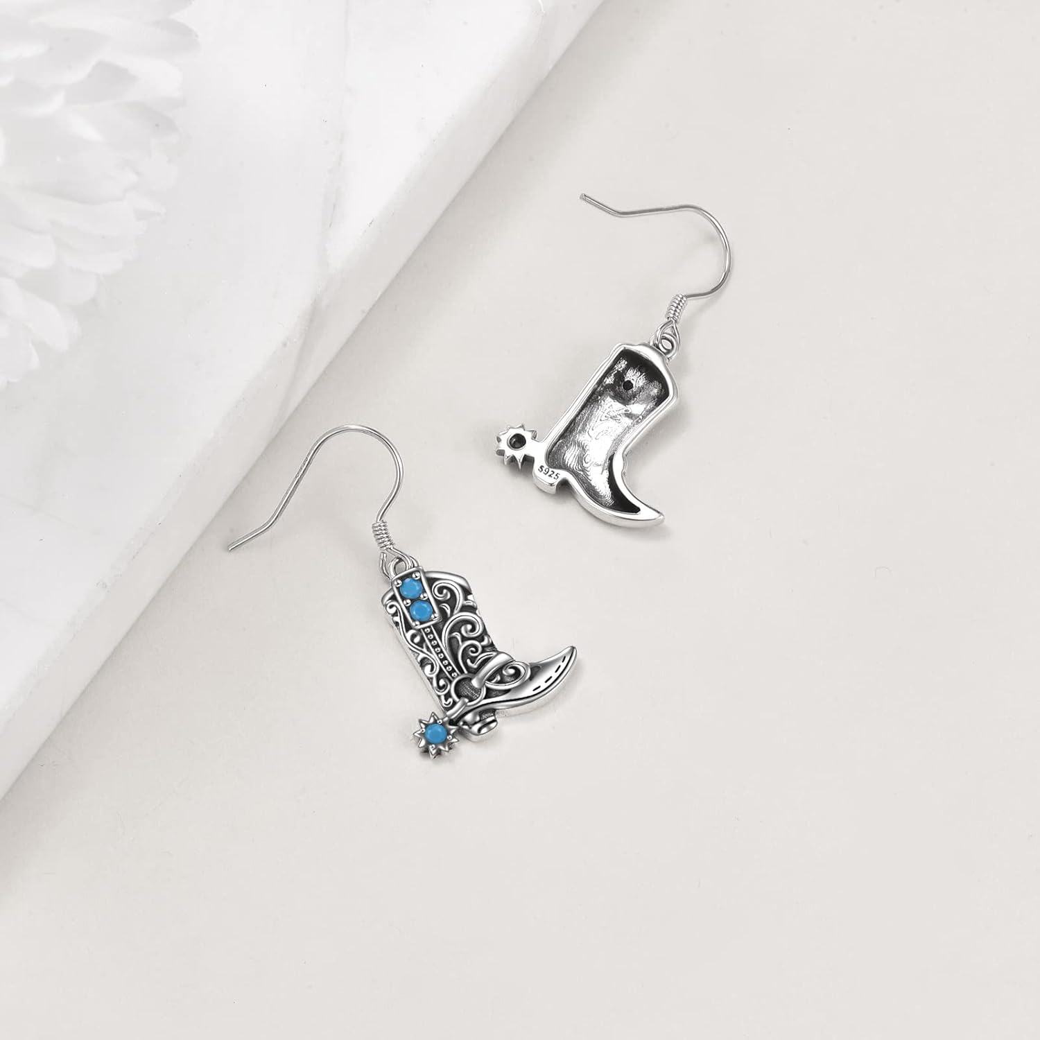 Sterling Silver Stone Western Cowgirl Boots Hat Cow Earrings Boho Dangle Drop-0-5