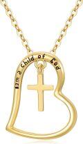 wholesale 14K Gold Solid Heart with Cross Pendant and Chain - I am A Child of God Faith Gift for Girls' First Communion Jewelry-0-0