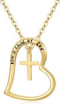 wholesale 14K Gold Solid Heart with Cross Pendant and Chain - I am A Child of God Faith Gift for Girls' First Communion Jewelry-Heart Cross Necklace
