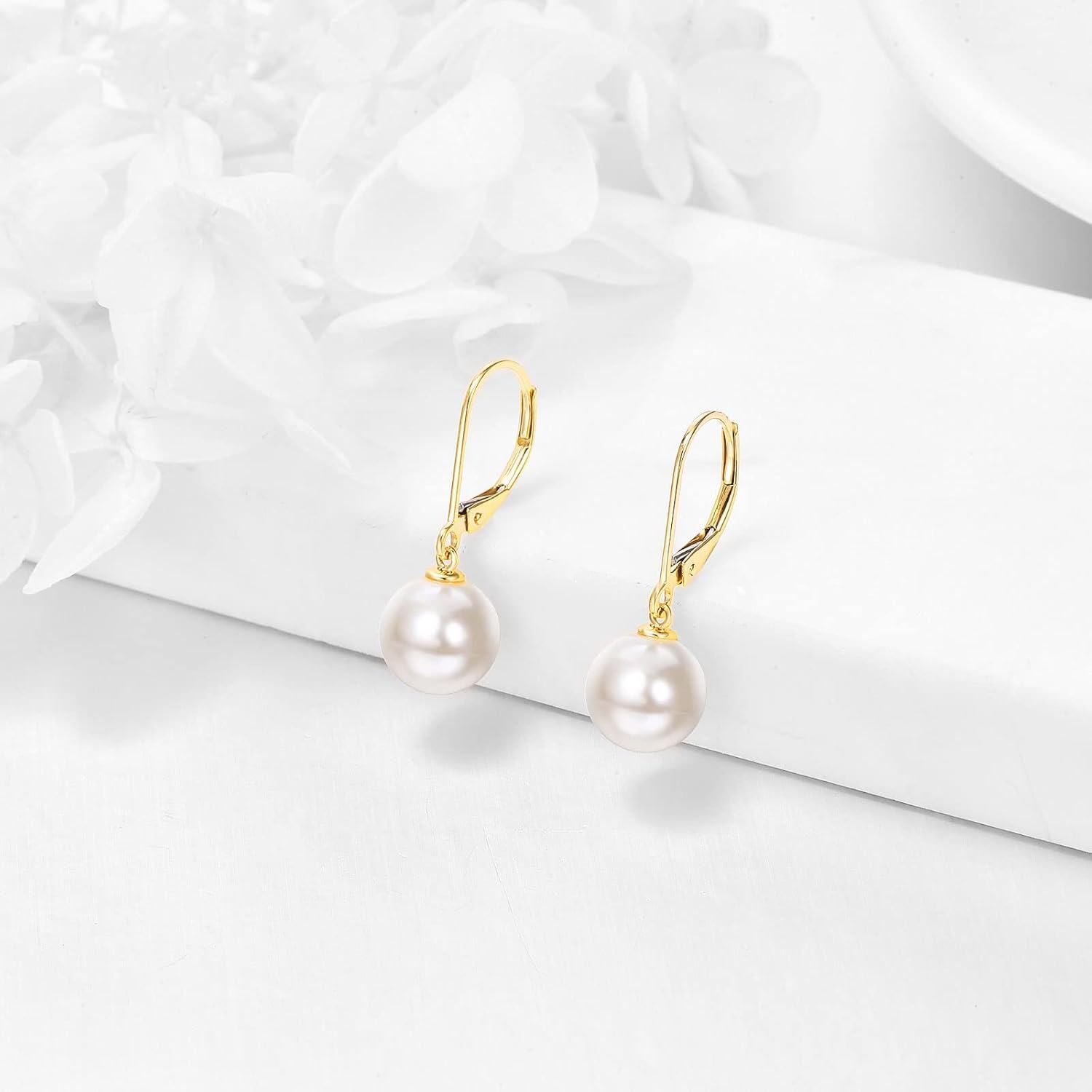 wholesale 14K Gold Freshwater Pearl Dangle Leverback Earrings for Women Bridesmaid Gift-0-1