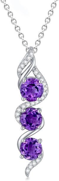 wholesale Sterling Silver 5mm Round Cut Three Birthstone Pendant Necklace w 18+2 Chain-Amethyst Purple